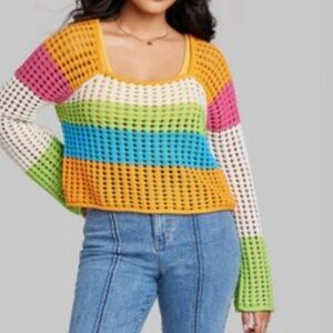 Wild fable crochet flare sleeve square neck rainbow sweater size S